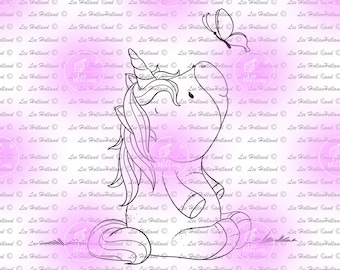 Unicorns with butterfly,Digital stamp, card making, colouring book, crafting
