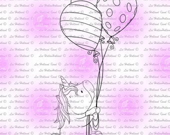 Unicorns with balloons,Digital stamp, card making, colouring book, crafting