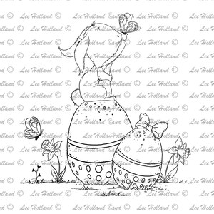 Conejito sentado en huevos de Pascua, Fabricación de tarjetas, libro para colorear, Digi, Sello digital, Sello