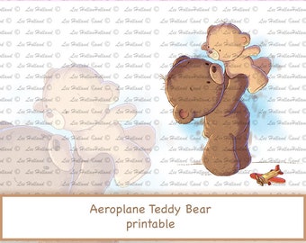 AeroPlane Teddy bear printable, art printable, card making, digi, printable