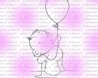 Little teddy looking up at balloon,Digital Stamp, Card making, Digi