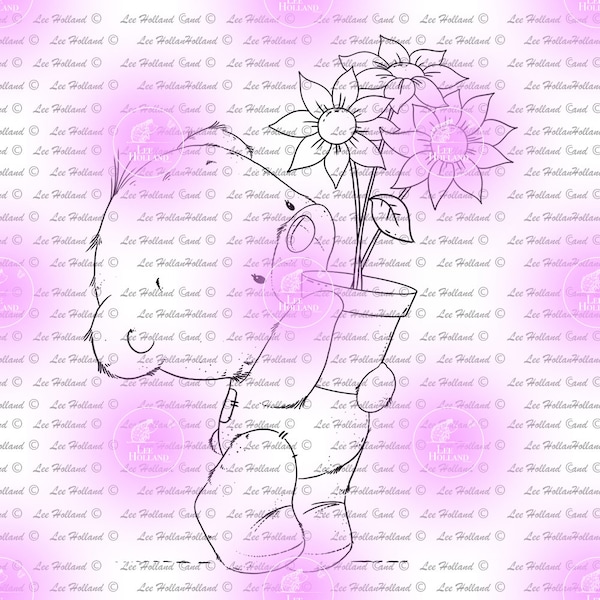 Teddy bear with flowers,Digital Stamp,Card making, Digi