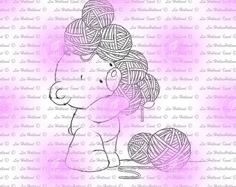 Little Teddy holding balls of wool,Digital Stamp, Card making, Digi