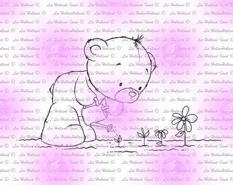 Little Bear watering flowers,Digital Stamp, Card making, Digi