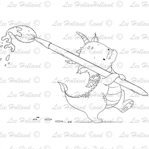 Dragón con pincel, Fabricación de tarjetas, Arte imprimible, Lindo, Sello digital de arte imprimible