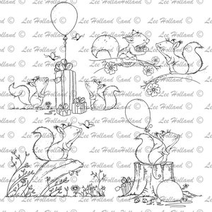 Lot de 11 écureuils, tampon numérique, fabrication de cartes, digi, coloriage