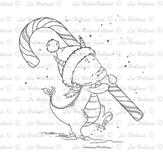 Digital Stamp Dragon With Christmas Candy Cane Card Making Etsy