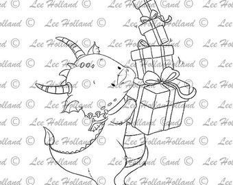 Digital Stamp, Dragon with pile of presents, card making, Digi Stamp, Stamp,