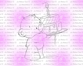 Little Teddy with birthday cake ,Digital Stamp, Card making, Digi