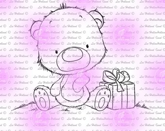 Teddy sitting with present, Digi Stamp, Digital Stamps, Card making stamps