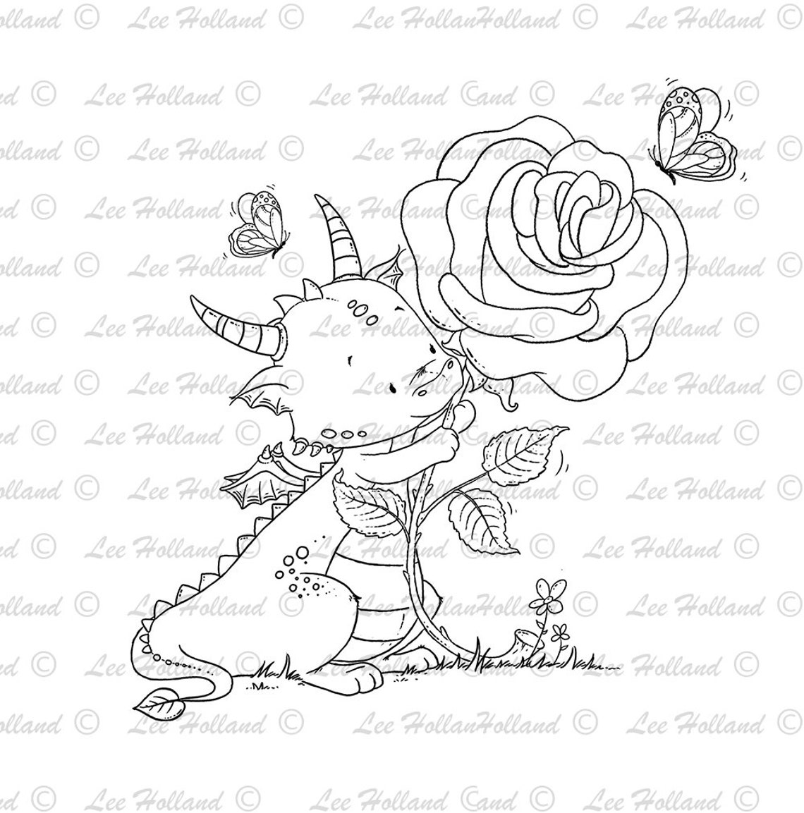 Dragon With Rose Card Making Art Printable Cute Printable | Etsy