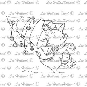 Digital Stamp, Dragon carrying a Christmas tree, card making, Digi Stamp, Stamp,