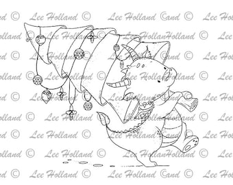 Digital Stamp, Dragon carrying a Christmas tree, card making, Digi Stamp, Stamp,