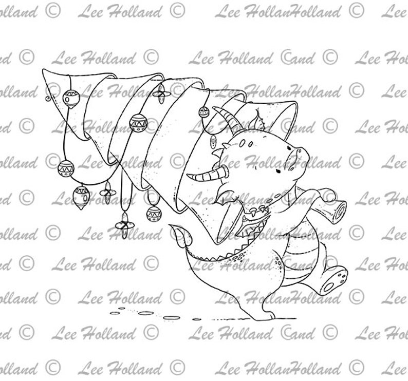 Digital Stamp Dragon Carrying a Christmas Tree Card Making Etsy