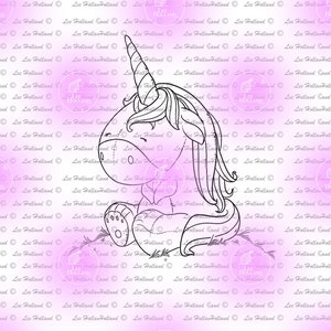 Unicórnios sentados na grama, carimbo digital, confecção de cartões, livro para colorir, artesanato