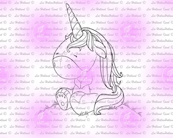 Unicorns sitting in the grass,Digital stamp, card making, colouring book, crafting