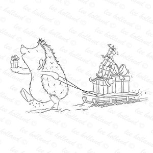May include: A black and white line drawing of a hedgehog pulling a sled full of presents. The hedgehog is wearing a festive expression and is pulling the sled with a rope.
