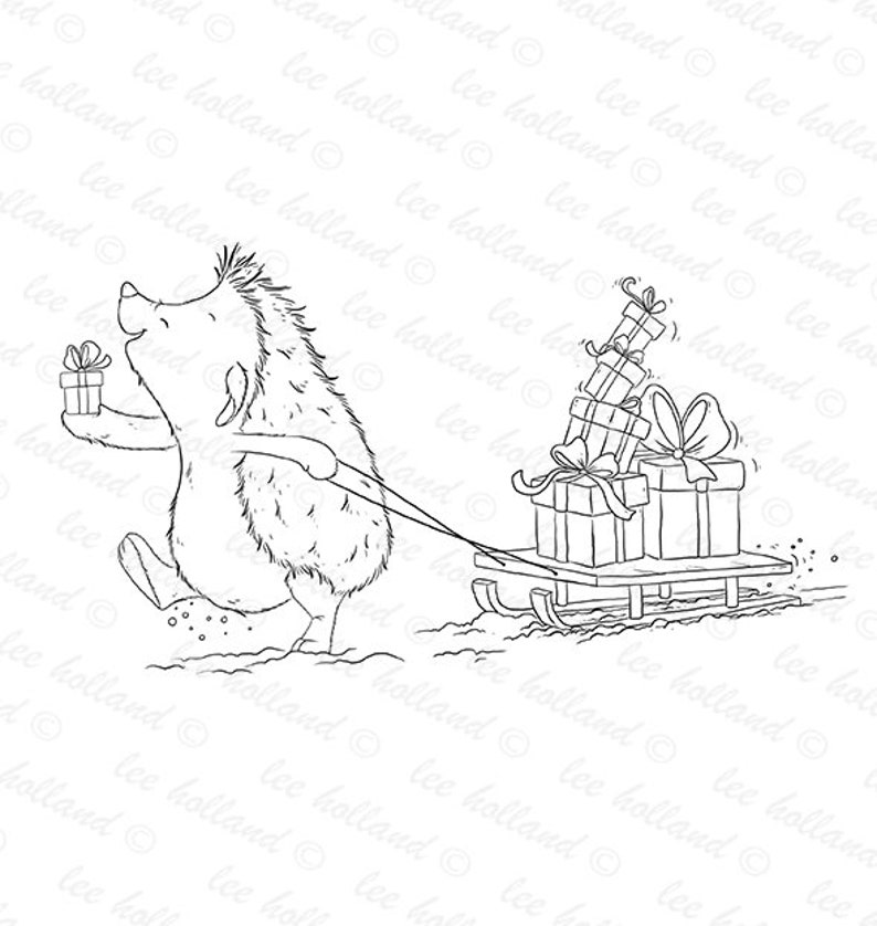 May include: A black and white line drawing of a hedgehog pulling a sled full of presents. The hedgehog is wearing a festive expression and is pulling the sled with a rope.