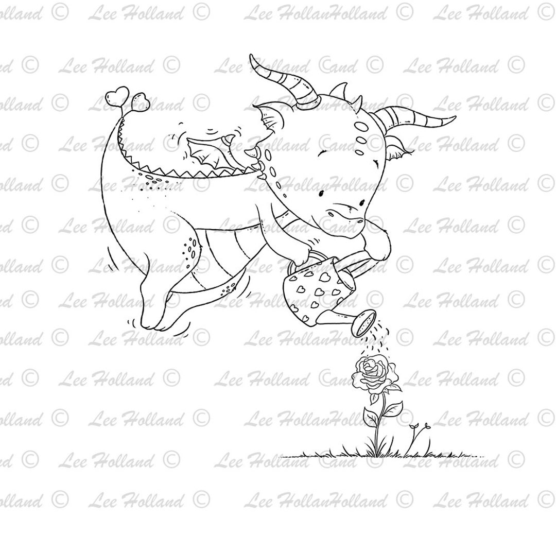 Dragon Watering Rose, Card Making, Art Printable, Cute, Printable Art ...