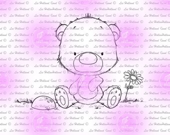 Teddy sitting with flower, decorations,Digital Stamp, Card making, Digi