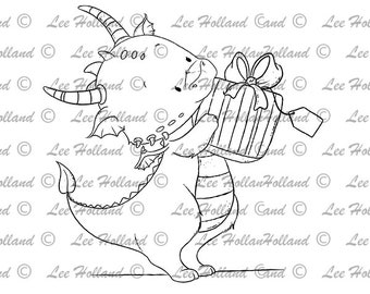 Digital Stamp, dragon with Christmas present, card making, Digi Stamp, Stamp,