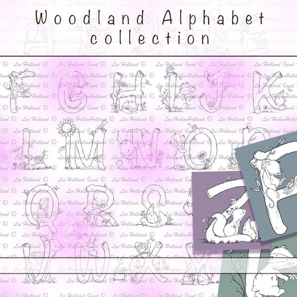 26 Alphabet Woodland collection with lower case and elements, Digital stamp Card Making, Digi, Stamp