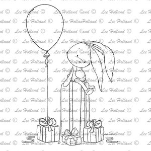 Bunny on presents, card making, digi, colouring, digital stamp