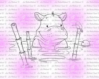 Hippo with Bird , Card making, digital stamp, digi, crafting