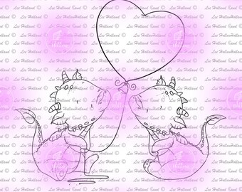 Dragons with love heart balloon, Card Making, Dragon, Digi, Digital Stamp, cute