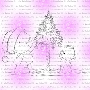 Teddy bears decorating a Christmas tree,Digital Stamp,Card making, Digi