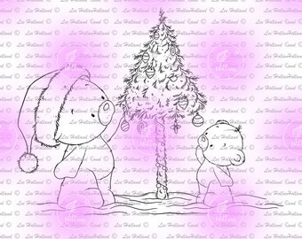 Teddy bears decorating a Christmas tree,Digital Stamp,Card making, Digi