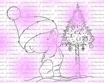 Teddy bear decorating a Christmas tree,Digital Stamp,Card making, Digi
