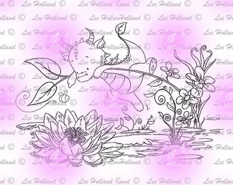Dragon and lily pads, Card Making, Digital Stamp, Digi, Stamp