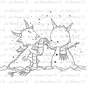 Digital Stamp, Dragon Building a snowman, Card making, Digi, Stamp, Cute Digital stamp, Crafting