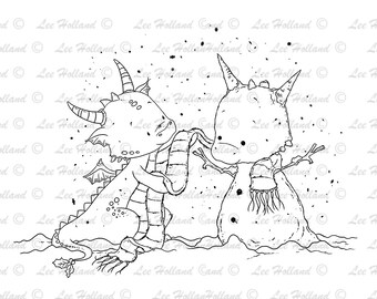 Digital Stamp, Dragon Building a snowman, Card making, Digi, Stamp, Cute Digital stamp, Crafting