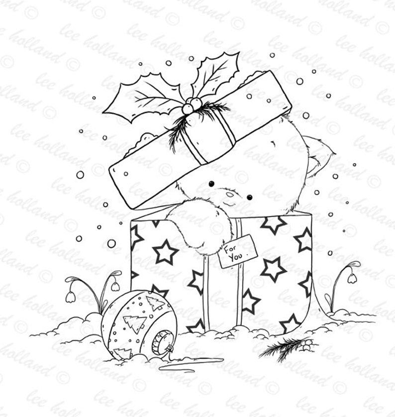 kitten in Christmas present, digital stamp, card making, crafting, scrapbooking, Digi image 1