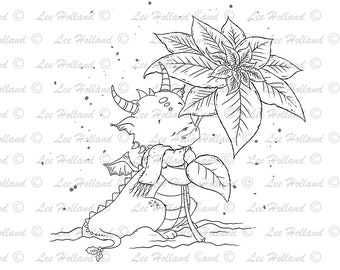 Digital Stamp, Dragon with Christmas poinsettia, card Making, Stamp, Digi, Cute Digital Stamp