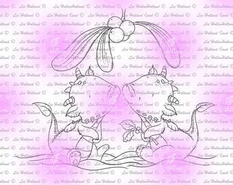 Dragons under mistletoe, digital stamp, card Making, Stamp, Digi, Cute Digital Stamp, colouring