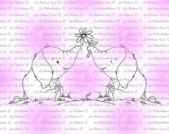 Elephant couple with a flower, Digital stamp, Digi