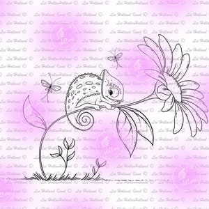 Camélion avec libellules, tampon numérique, fabrication de cartes, digi