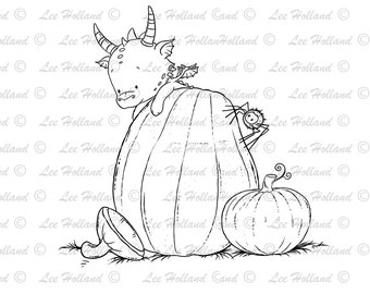 Dragon on pumpkin , Digital stamp Card Making, Digi, Stamp