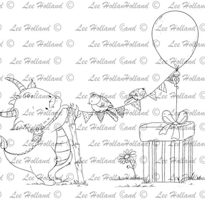 Party Drache mit Vögeln, Digitaler Stempel Kartenherstellung, Digi, Stempel