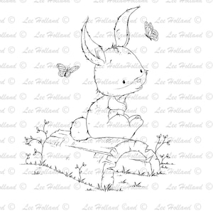 Lapin assis avec des papillons, timbre numérique, fabrication de cartes, Digi, timbre,