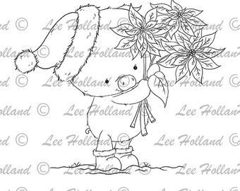 Digital stamps, piglet with poinsettia, card making, Digi, Christmas stamp