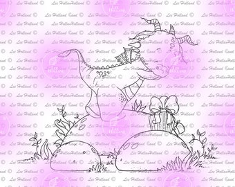Dragon with present, Colouring, Card Making, Stamp, Digi, Cute Digital Stamp