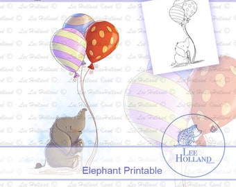 Elephant with three Balloons Printable, Card making, Art Printable, Dragon, Printable art