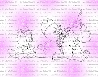 3 Unicorns teddies,Digital stamp, card making, colouring book, crafting