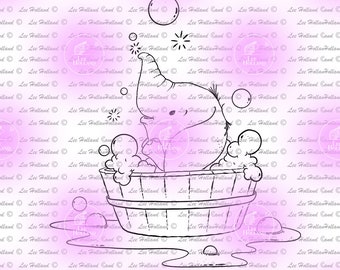 Elephant in bubble bath, Digital stamp, Digi