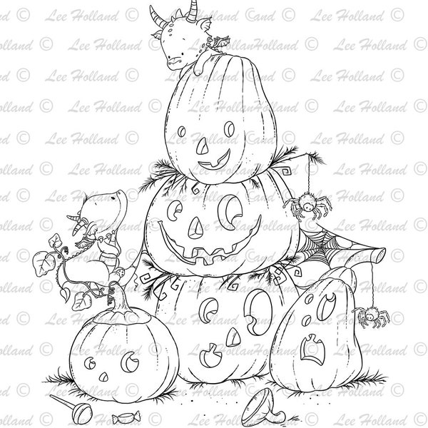 Dragons on Halloween pumpkins , Digital stamp Card Making, Digi, Stamp
