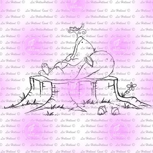 Op de afbeelding: Een zwart-witte lijntekening van een cartoon-olifant die op een boomstronk zit. De olifant heeft een grote slurf en oren en draagt een bloem op zijn kop. De boomstronk is getextureerd en heeft een kleine bloem die eruit groeit.